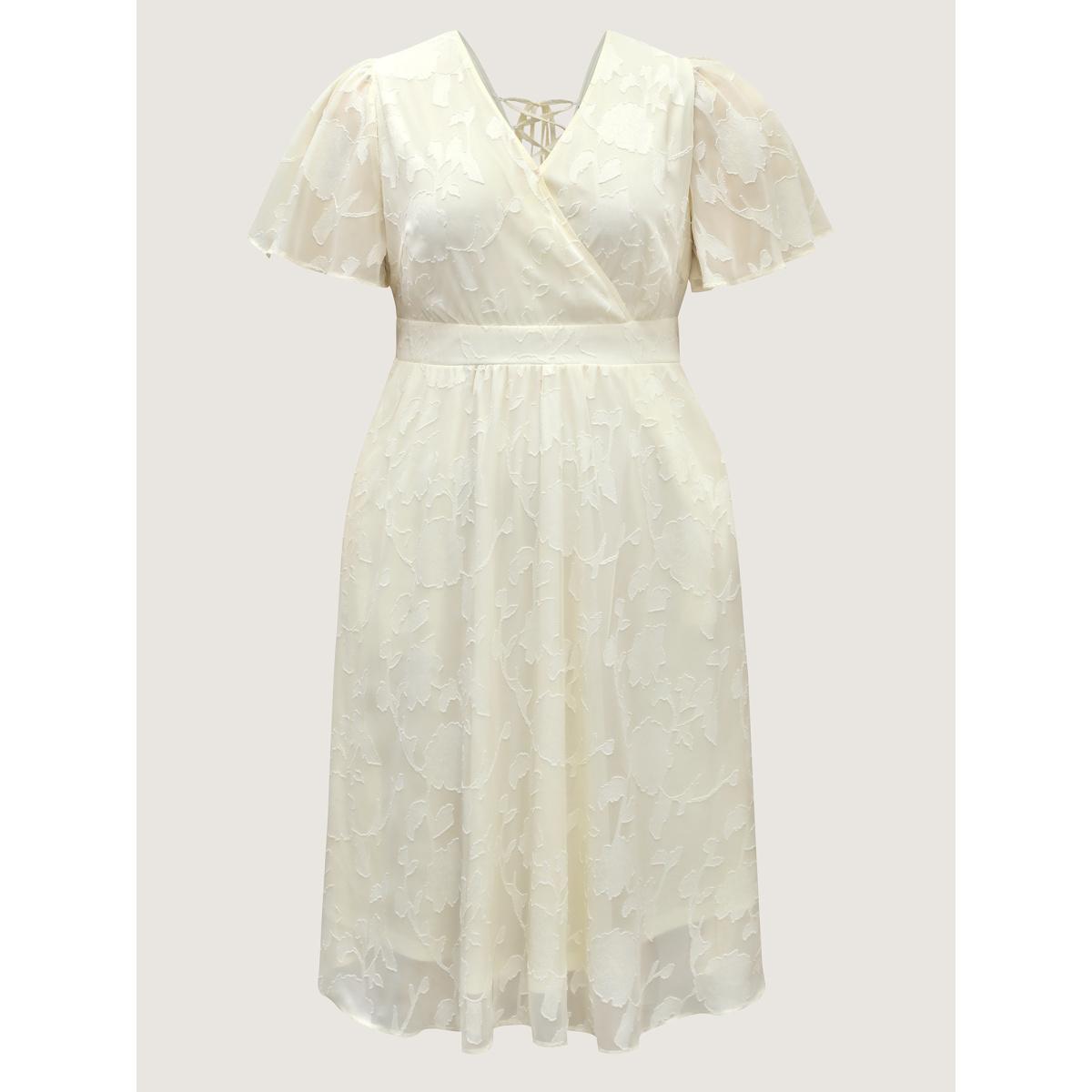 Plus Size Back Tie-Up Sheer Textured Midi Dress Beige Women Overlapping Overlap Collar Short sleeve Curvy BloomChic 14-16/1X Product Image