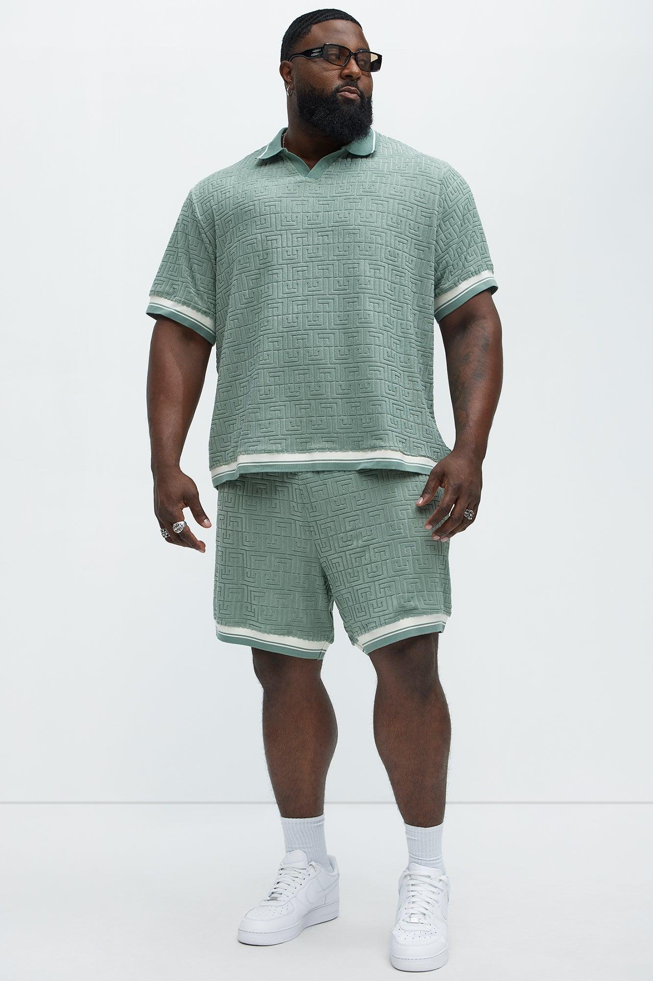 Grecian Textured Johnny Collar Polo Shirt - Sage Product Image