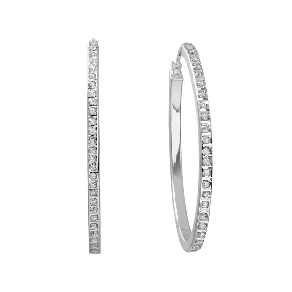 Diamond Mystique Platinum Over Silver Oval Hoop Earrings, Women's, White Product Image