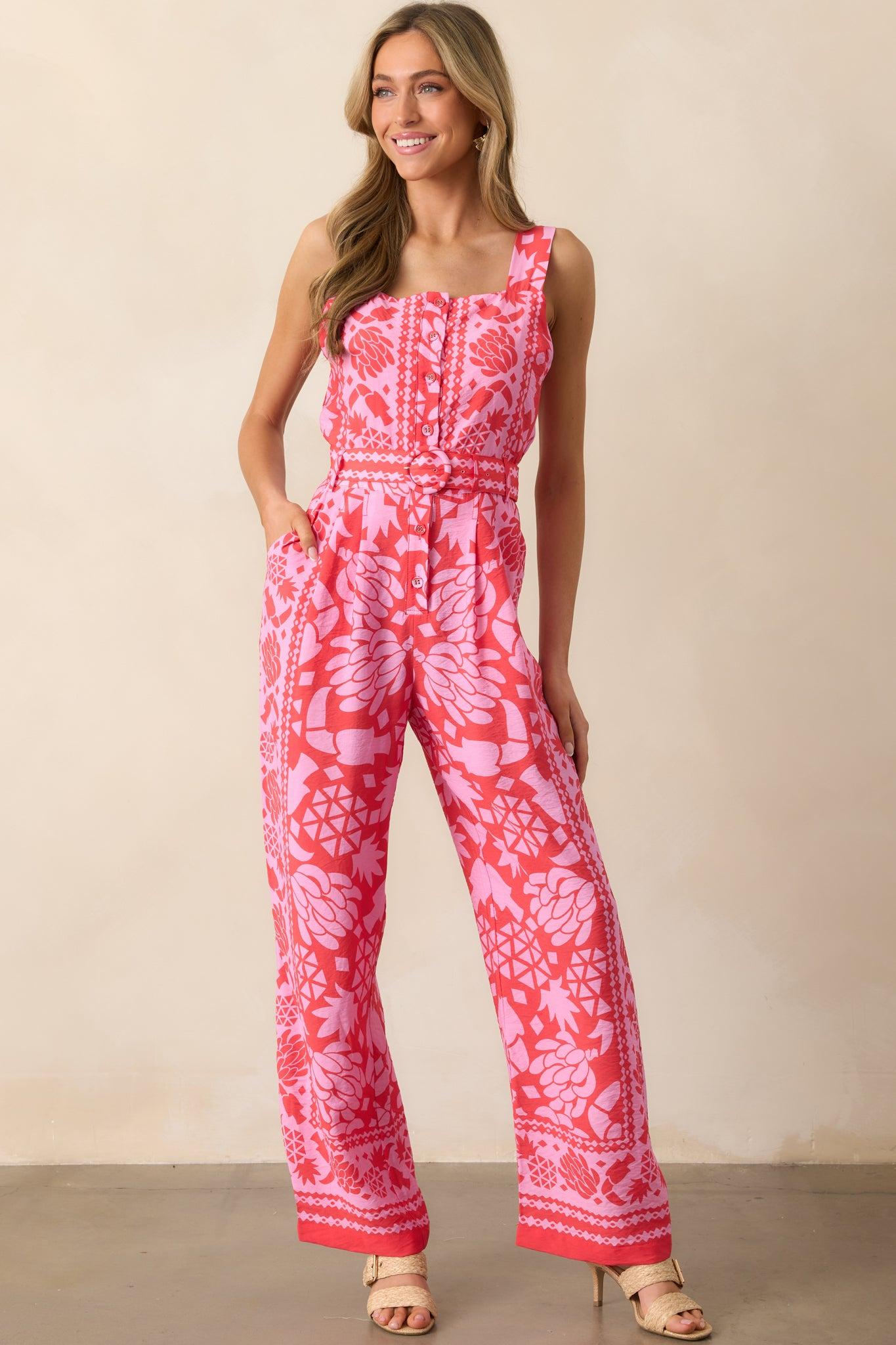 Take The Leap Coral Pink Floral Button Front Belted Jumpsuit Product Image