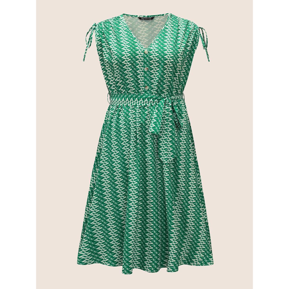 Plus Size Geometric Drawstring Cap Sleeve Midi Dress Malachitegreen Women At the Office Belted V-neck Cap Sleeve Curvy BloomChic 14-16/1X Product Image