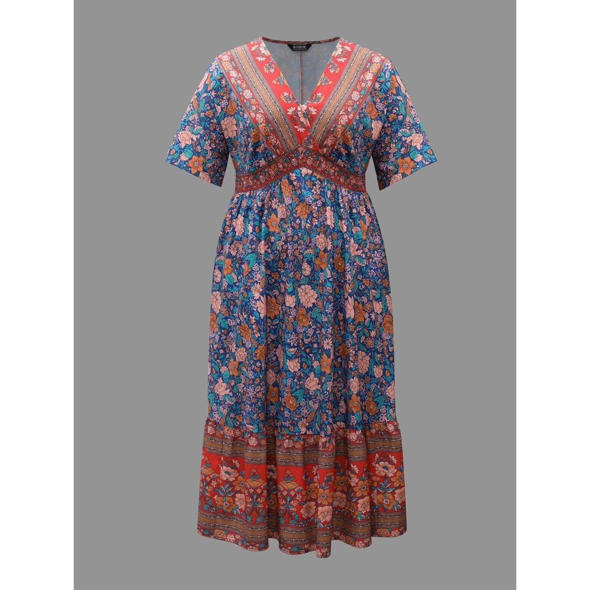 Plus Size Boho Print Ruffled Shirred V-Neck Maxi Dress Mediumblue Women Resort Shirred Overlap Collar Half Sleeve Curvy BloomChic 18-20/2X Product Image