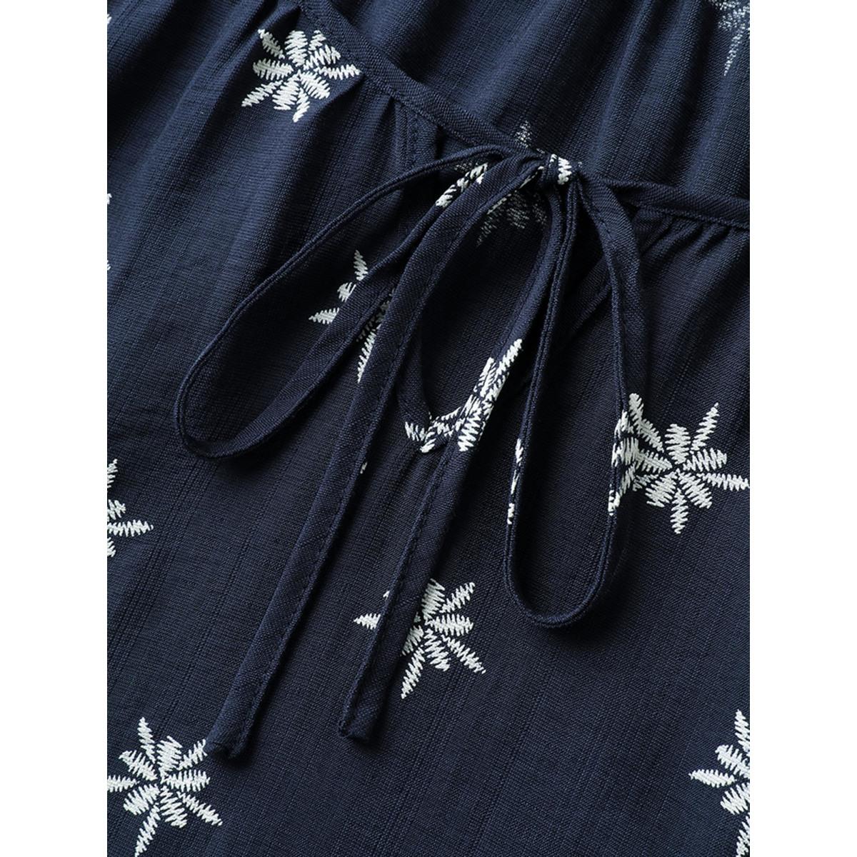 Plus Size Indigo Boho Print Keyhole Pleated Blouse Women Boho Half Sleeve V-neck Vacation Blouses BloomChic 22-24/3X Product Image