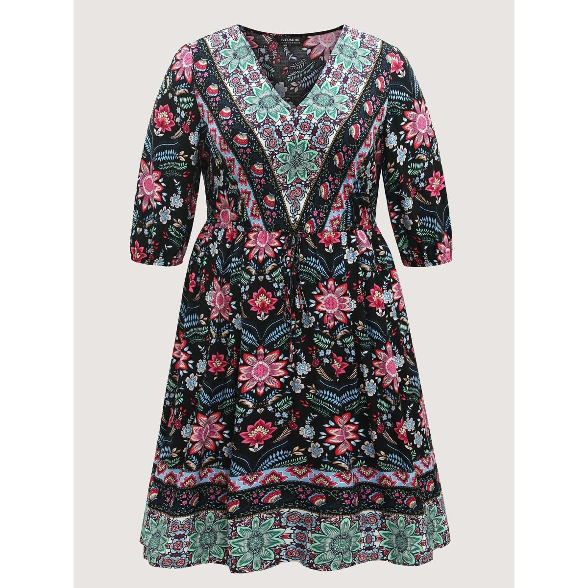 Plus Size Rayon Floral Print Pockets Midi Dress Black Women V-neck Half Sleeve Curvy BloomChic 14-16/1X Product Image