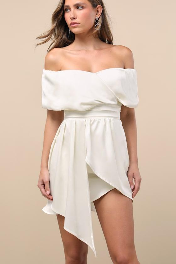 Always Celebrating Ivory Satin Off-the-Shoulder Mini Dress Product Image