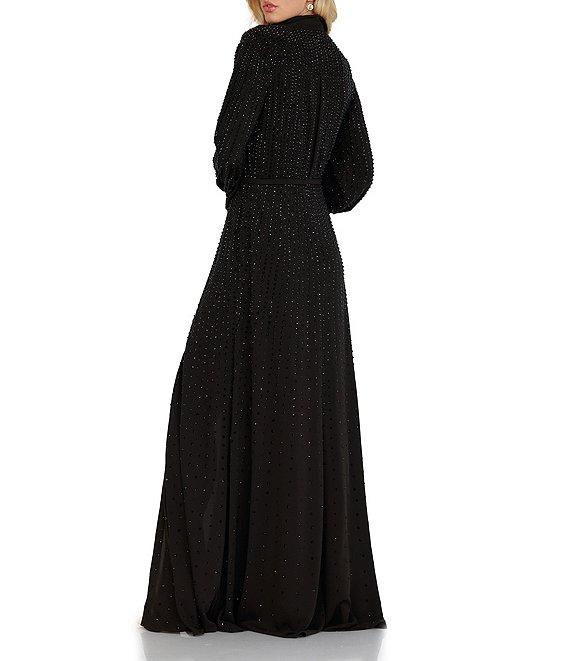 Terani Couture Deep V-Neck Beaded Long Sleeve Front Slit Gown Product Image