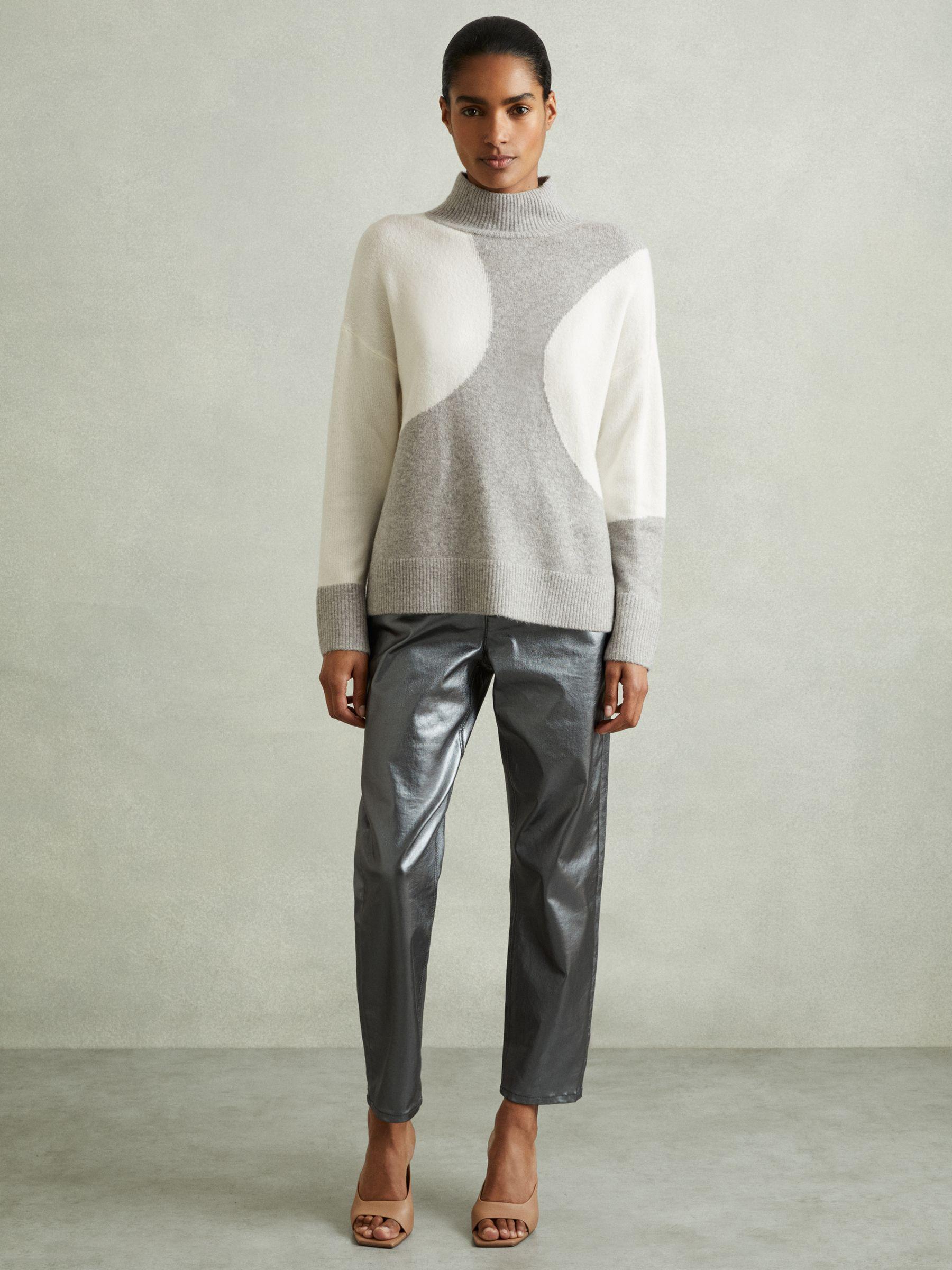 Colourblock Roll Neck Jumper in Ivory/Grey Product Image