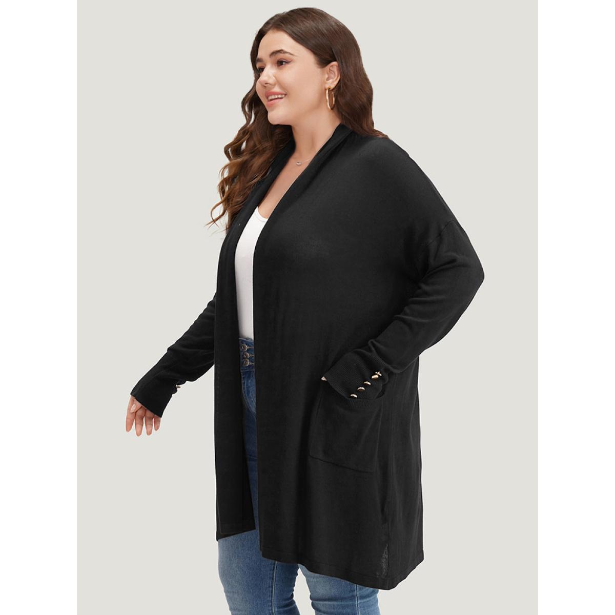 Plus Size Supersoft Essentials Button Detail Lapel Collar Cardigan Black Women Basics Loose Long Sleeve Everyday Cardigans BloomChic 30/6X Product Image