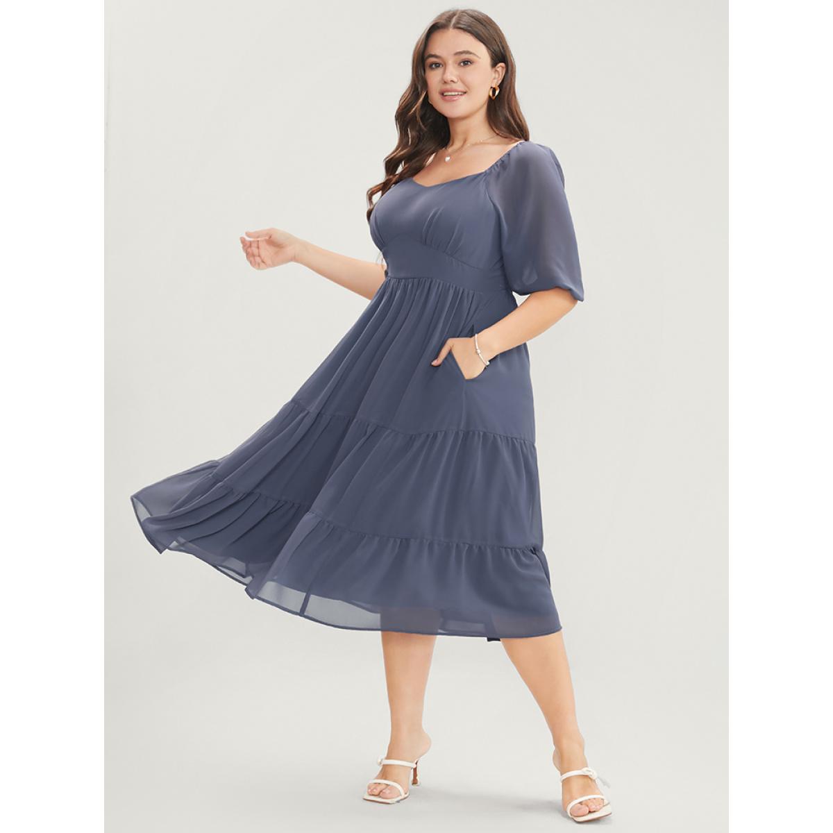 Plus Size Solid Pocket Mesh Lantern Sleeve Shirred Back Ruffles Tiered Dress Stone Women Elegant Gathered V-neck Half Sleeve Curvy Midi Dress BloomChic 28/5X Product Image