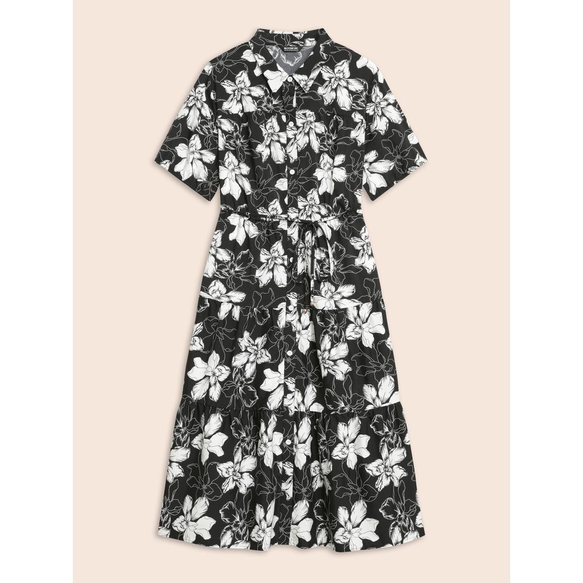 Plus Size Floral Shirt Collar Belted Midi Dress Black Women Elegant Belted Shirt collar Short sleeve Curvy BloomChic 26/4X Product Image