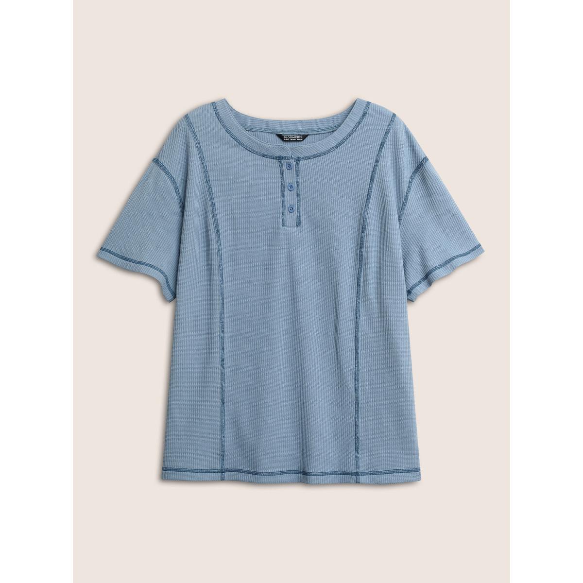 Plus Size Waffle Knit Round Neck Button Up T-shirt Stone Women Casual Button Round Neck Everyday T-shirts BloomChic 28/5X Product Image