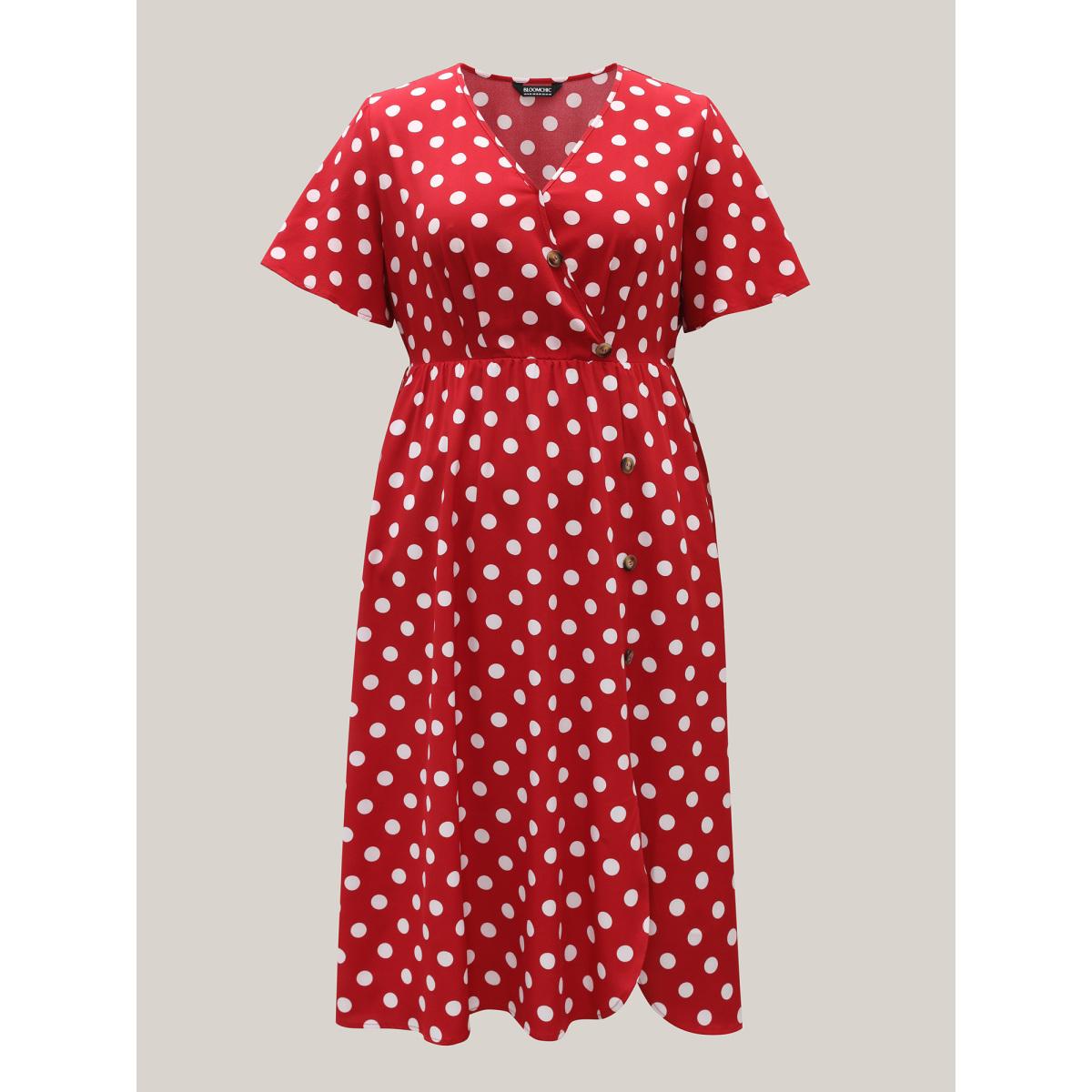 Plus Size Polka Dots Surplice Button Detail Midi Dress Burgundy Women Overlap Collar Short sleeve Curvy BloomChic 18-20/2X Product Image