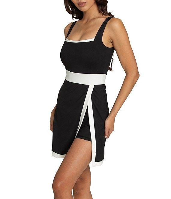 GOLD HINGE Square Neck Sleeveless Black White Lined Active Dress Product Image