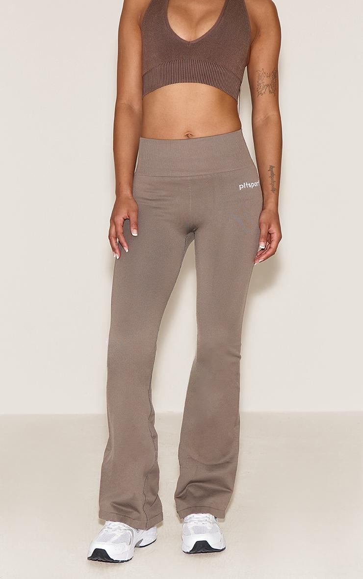 PLT SPORT Brown Seamless Ribbed Detail High Waist Yoga Flares Product Image