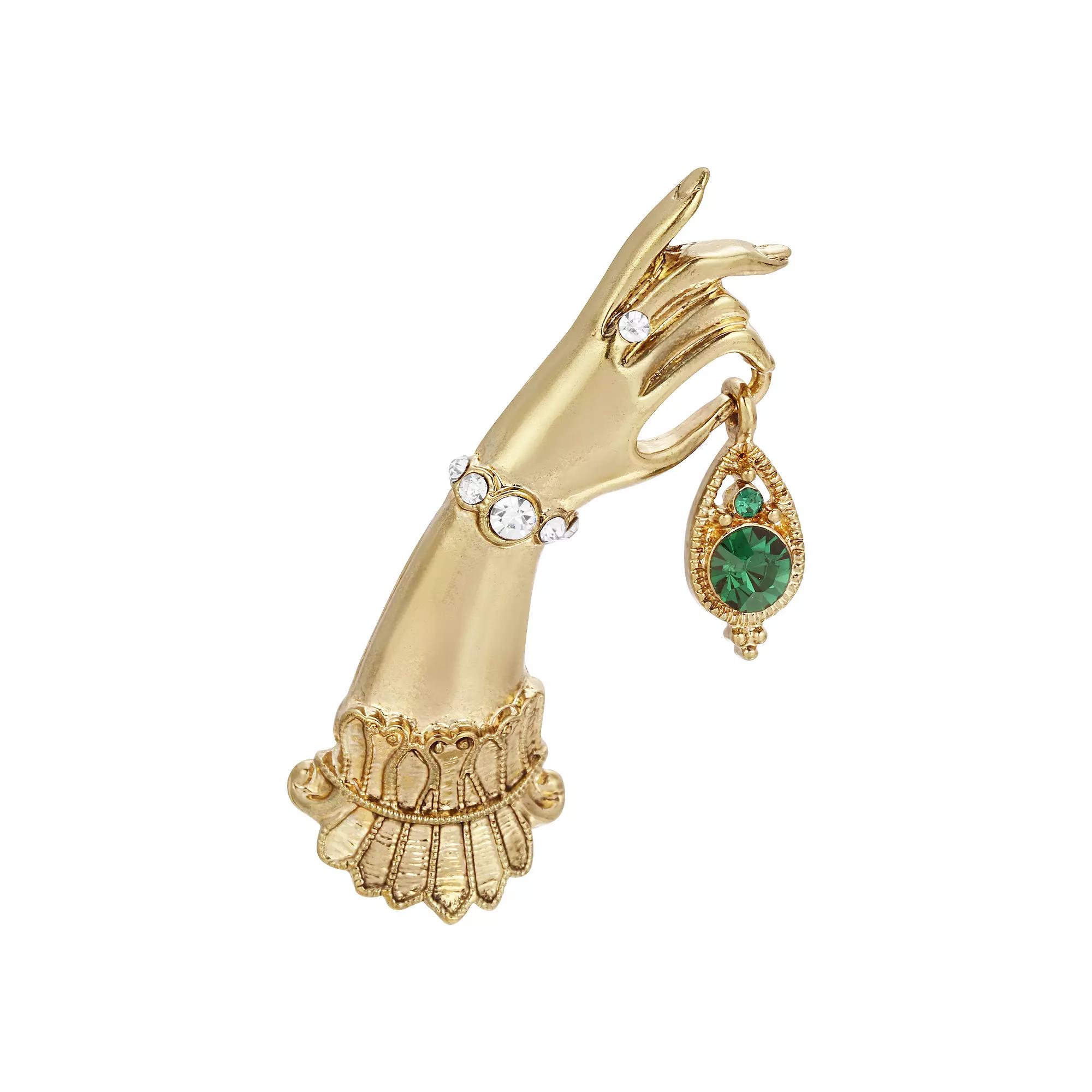 1928 Gold Tone Simulated Crystal Ladys Hand Pin, Womens, Green Product Image
