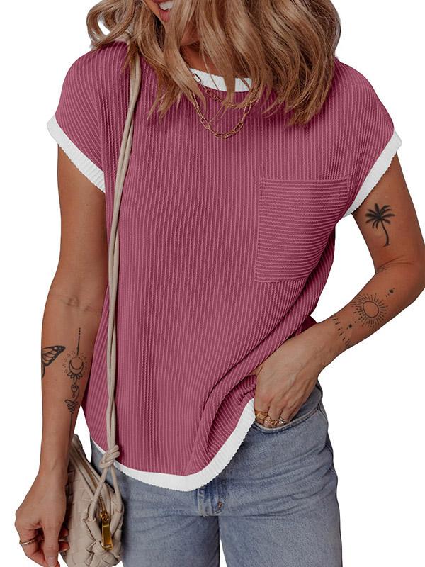 Loose Short Sleeves Colorful Contrast Color Pockets Round-neck T-Shirts Tops Product Image