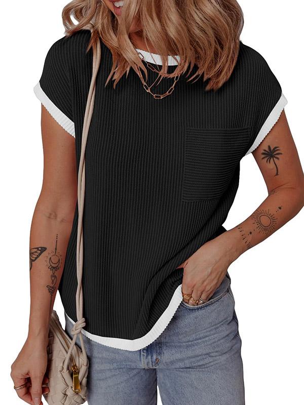 Loose Short Sleeves Colorful Contrast Color Pockets Round-neck T-Shirts Tops Product Image