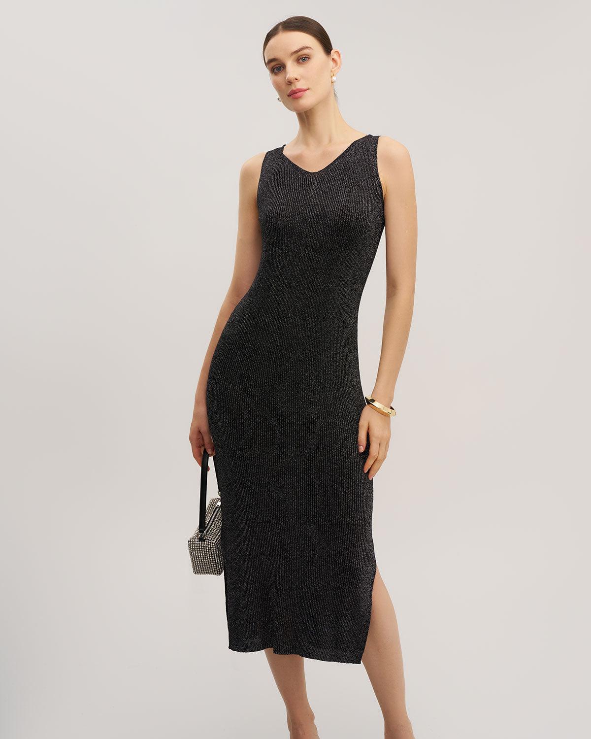 Black Bodycon Sleeveless Slit Midi Dress Product Image