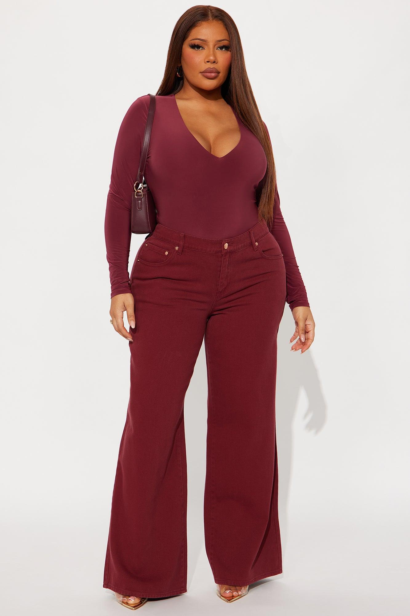 Take The Plunge Lined Long Sleeve Bodysuit - Burgundy Female Product Image