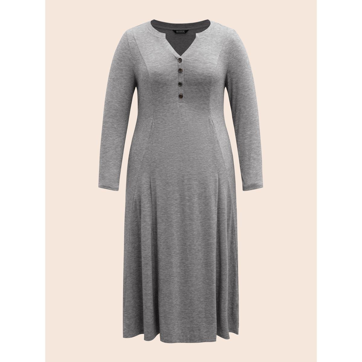 Plus Size Notched Solid Heather Midi Dress Mediumgray Women Casual Button Notched collar Long Sleeve Curvy BloomChic 26/4X Product Image
