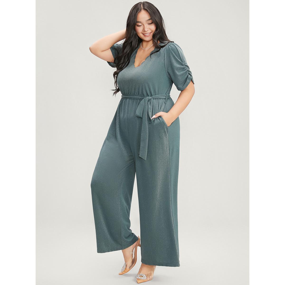 Plus Size Emerald Plain Scalloped Trim Ruched Glitter Pocket Belted Jumpsuit Women Elegant Short sleeve V-neck Party Loose Jumpsuits BloomChic 22-24/3X Product Image