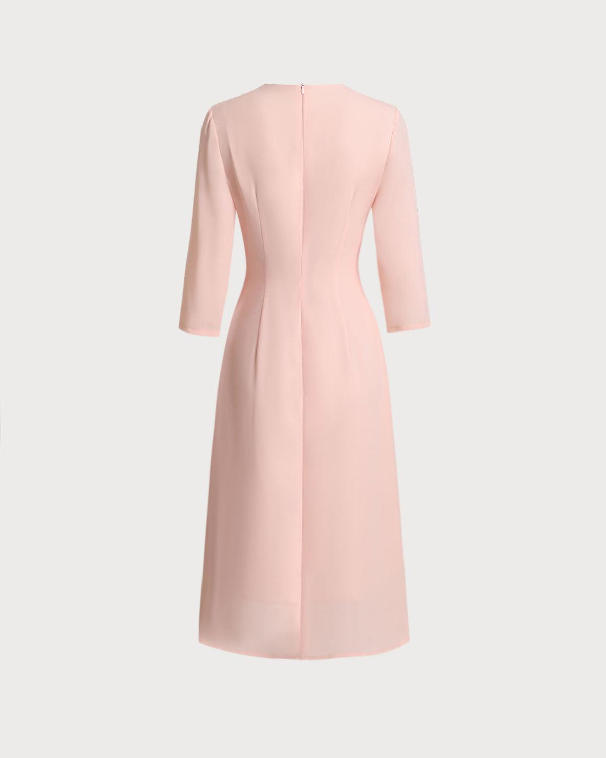 Pink V-Neck Pleated Midi Dress Product Image