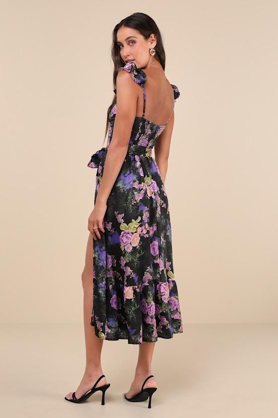 Sweet Like Sangria Black Floral Ruffled Bustier Midi Dress Product Image