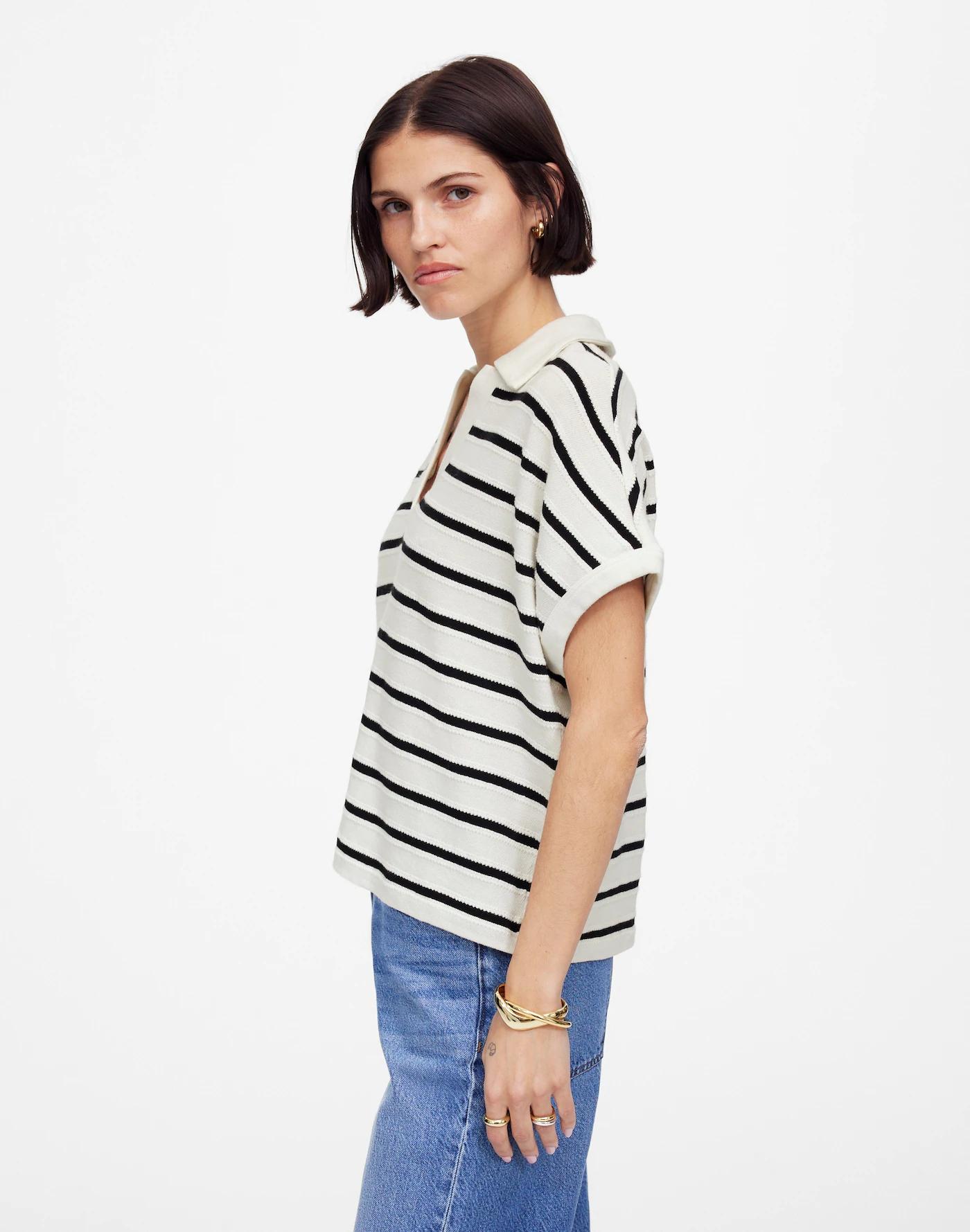 Relaxed V-Neck Polo Shirt in Stripe Product Image
