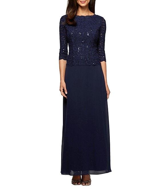 Alex Evenings 3/4 Sleeve Sequined Lace Crew Neck Scalloped Bodice Chiffon Skirted Gown Product Image