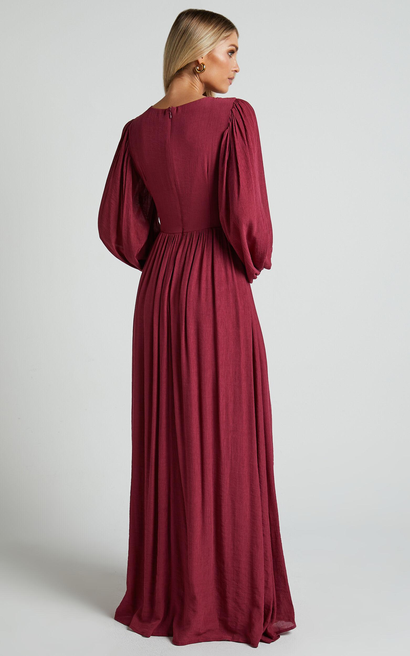 Paige Maxi Dress - Side Cut Out Balloon Sleeve Dress in Mulberry Product Image
