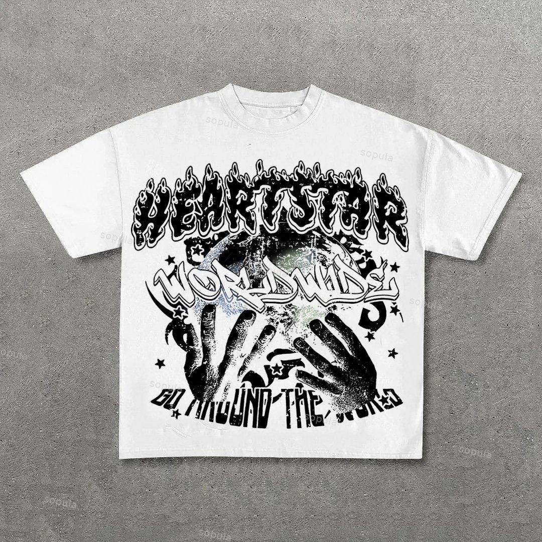 Vintage Heart Star Worldwide Print Graphic Cotton T-Shirt Product Image