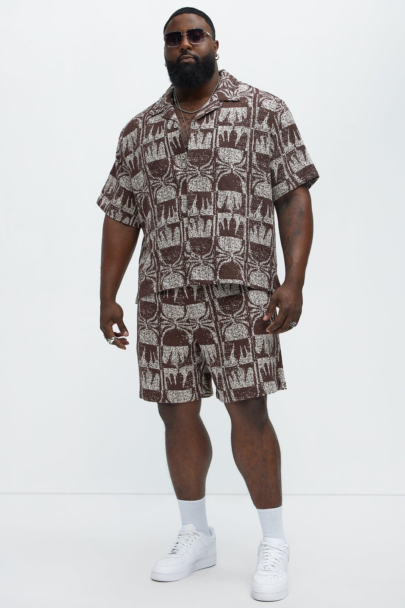 Tribal Pattern Cuban Button Down Shirt - Brown Combo Product Image