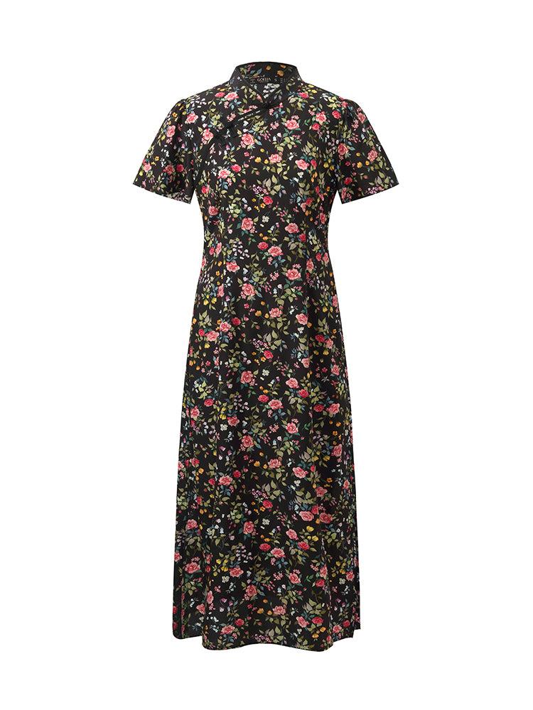 Mulberry Silk Slit Rose Print Women Qipao Midi Dress Product Image