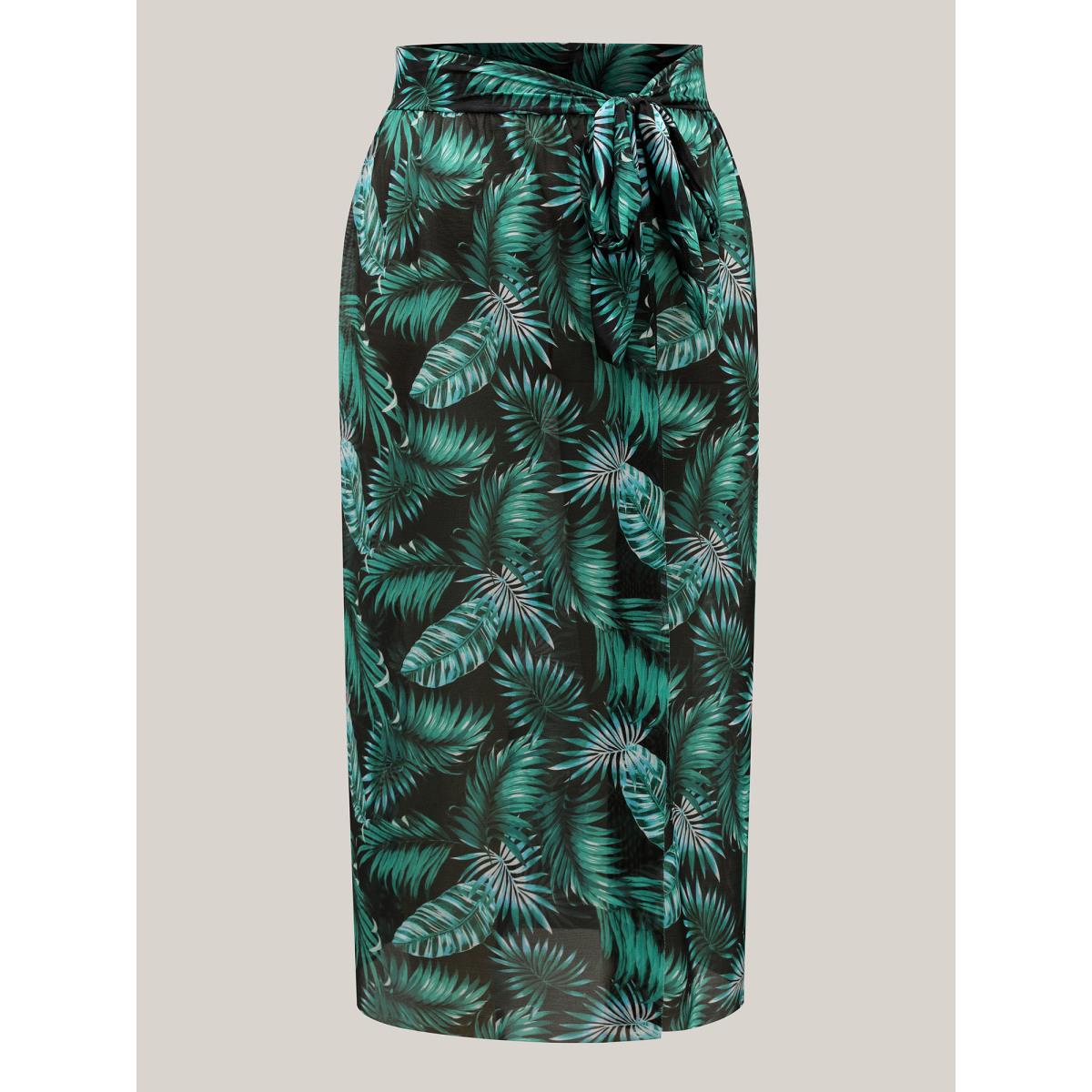 Plus Size Two-Piece Tropical Twist Front Swimsuit,Sarong Women's Swimwear Black Beach Twist Curve Bathing Suits High stretch One Pieces BloomChic 12/L Product Image