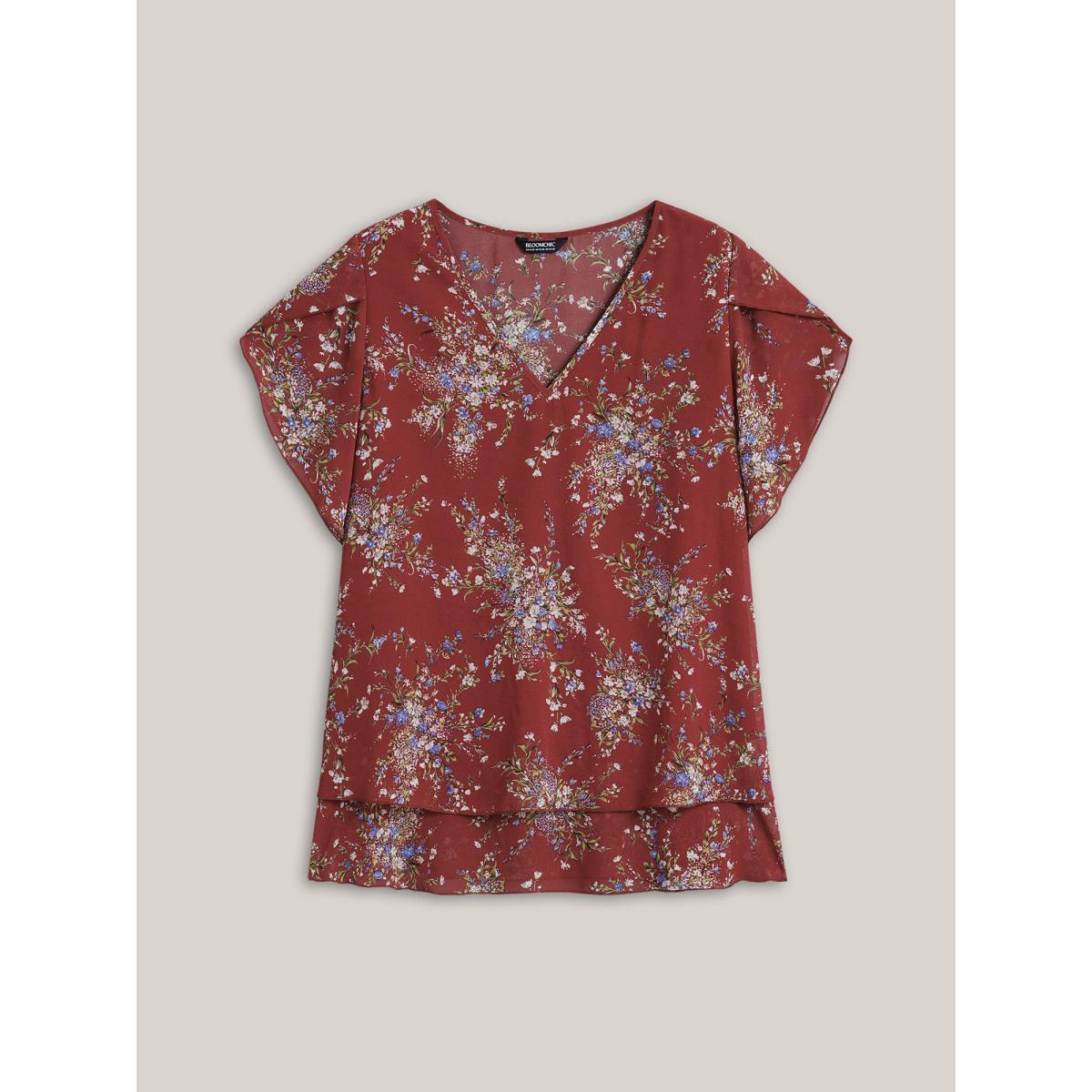 Plus Size Scarlet Floral Print Petal Sleeve Layered Blouse Women Romantic Half Sleeve V-neck Elegant Blouses BloomChic 28/5X Product Image