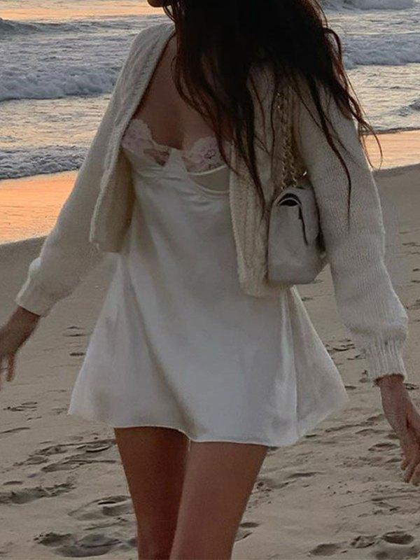 Backless Lace Paneled Slip Mini Dress Product Image