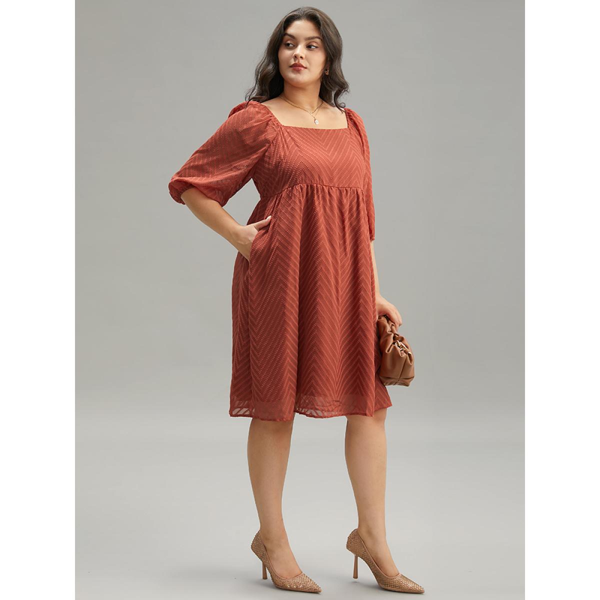 Plus Size Plisse Solid Square Neck Lantern Sleeve Dress Rust Women Office Lined Square Neck Half Sleeve Curvy Midi Dress BloomChic 18-20/2X Product Image