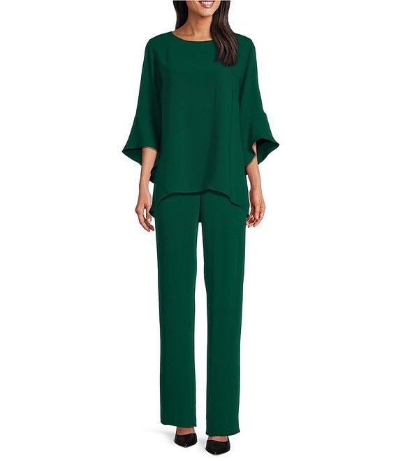 Caroline Rose Julia Matte Crepe Crew Neck 3/4 Ruffled Sleeve High-Low Hem Top Product Image