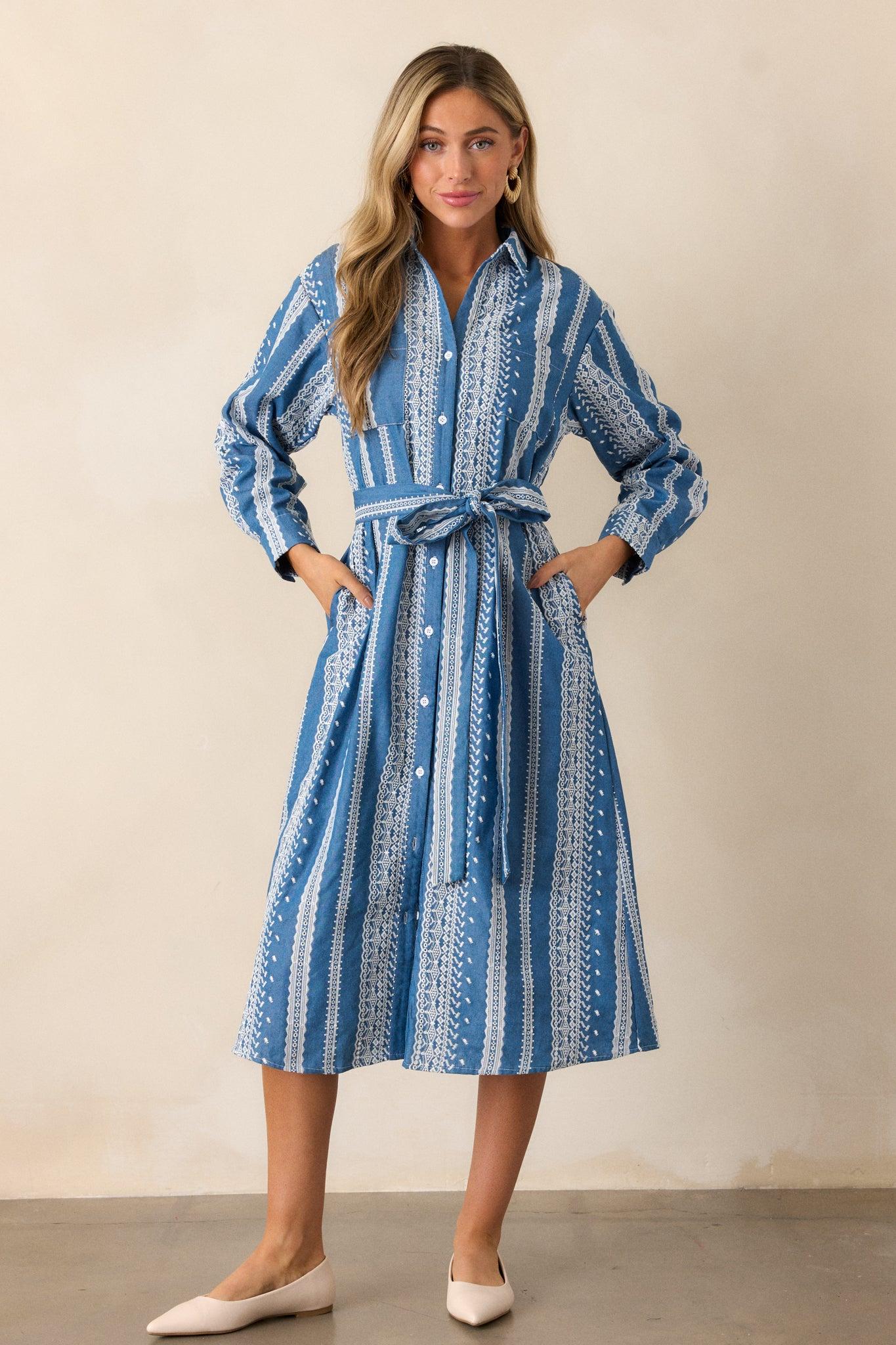 Songs of the Sky Blue Embroidered Midi Shirt Dress Product Image