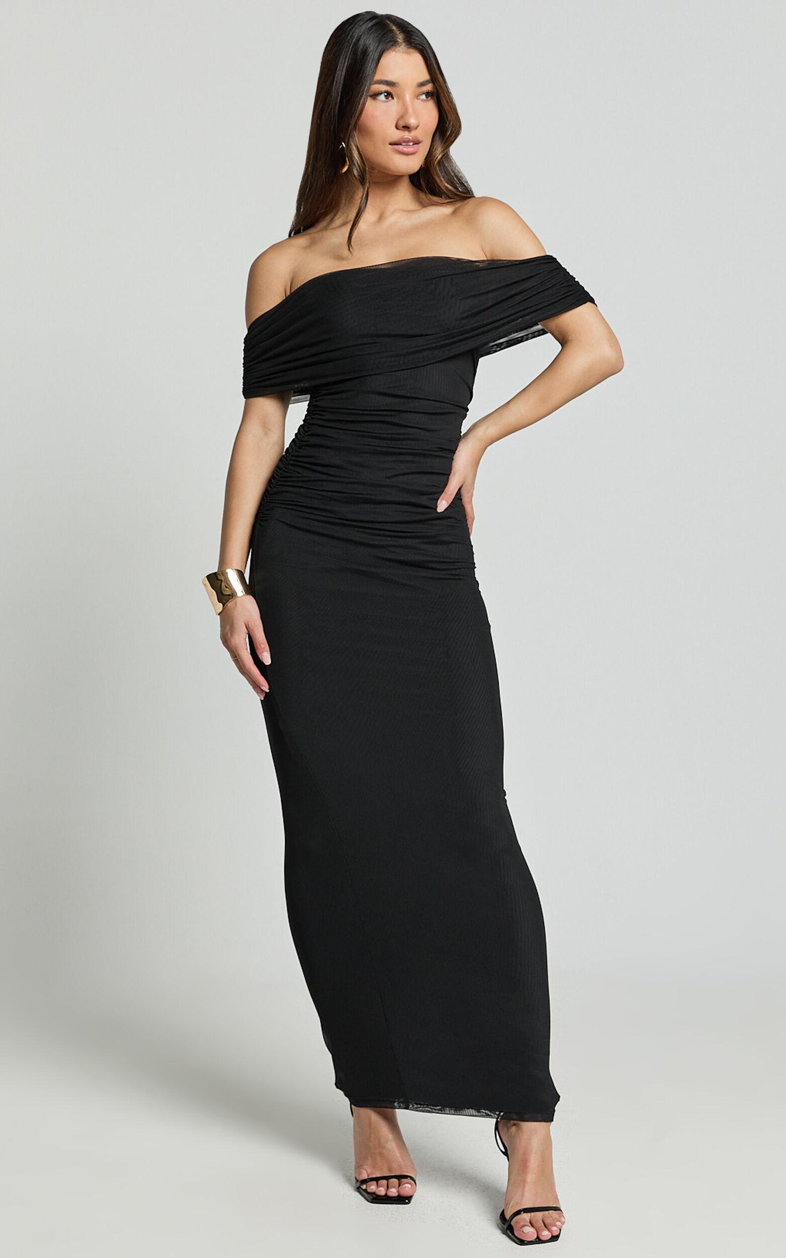 Caterina Maxi - Ruched Off Shoulder Mesh Dress in Black Product Image