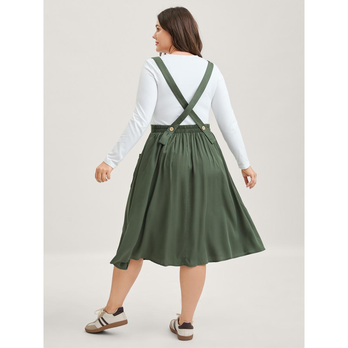 Plus Size Rayon Floral Embroidery Stretchy Waist Midi Dress ArmyGreen Women Leisure Non Sleeveless Curvy BloomChic 14-16/1X Product Image