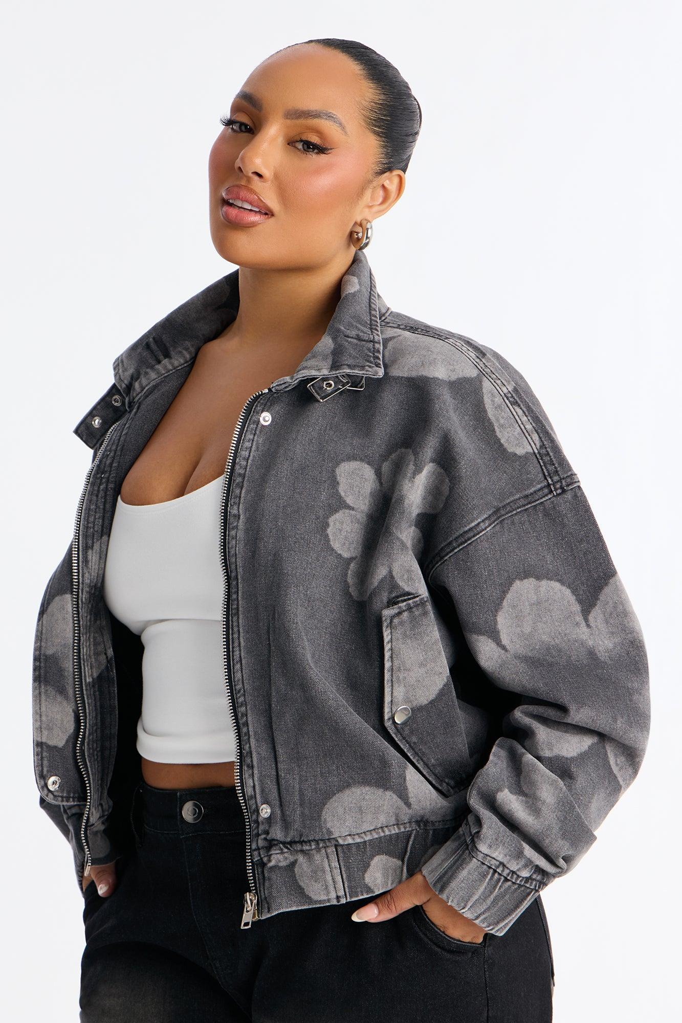 Born To Bloom High Neck Denim Jacket - Grey/Smoke Female Product Image