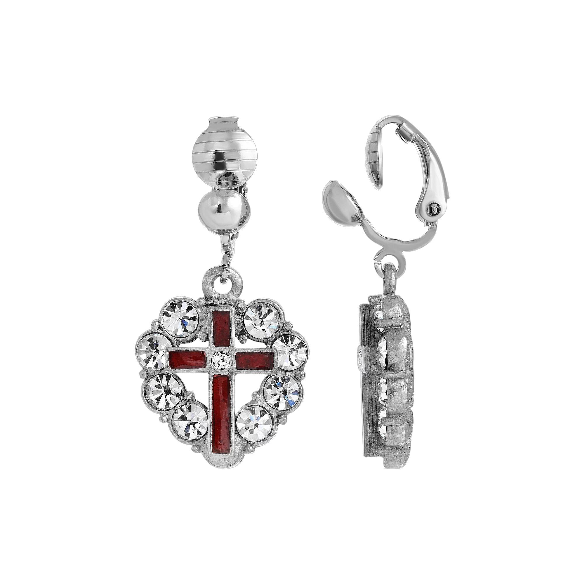 Symbols of Faith Enamel Cross Crystal Heart Earrings, Womens, Red Product Image
