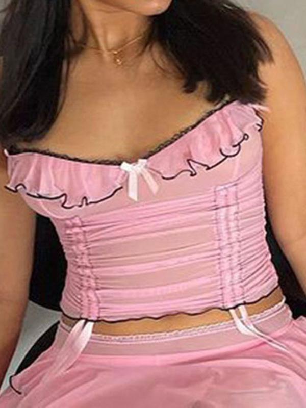 Ruffles Drawstring Lace Up Mesh Cami Top Product Image