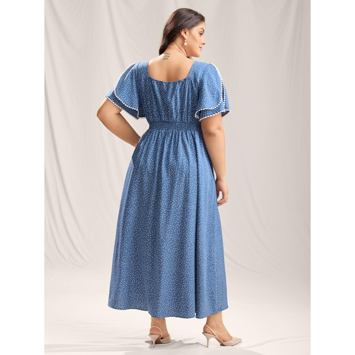 Plus Size Polka Dots Layer Sleeves Keyhole Maxi Dress Stone Women Square Neck Short sleeve Curvy BloomChic 14-16/1X Product Image