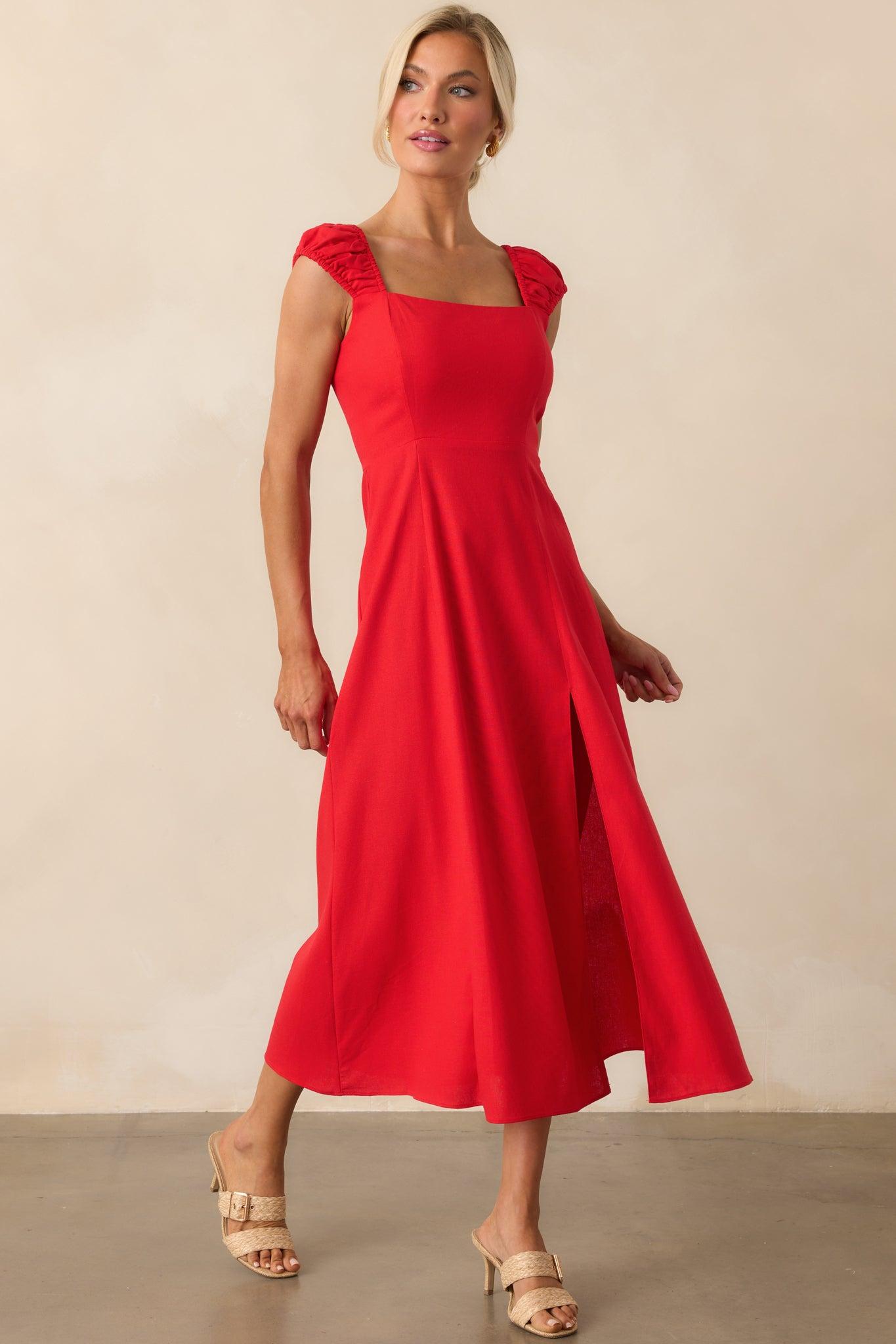 Radiant Reverie Red Linen Midi Dress Product Image