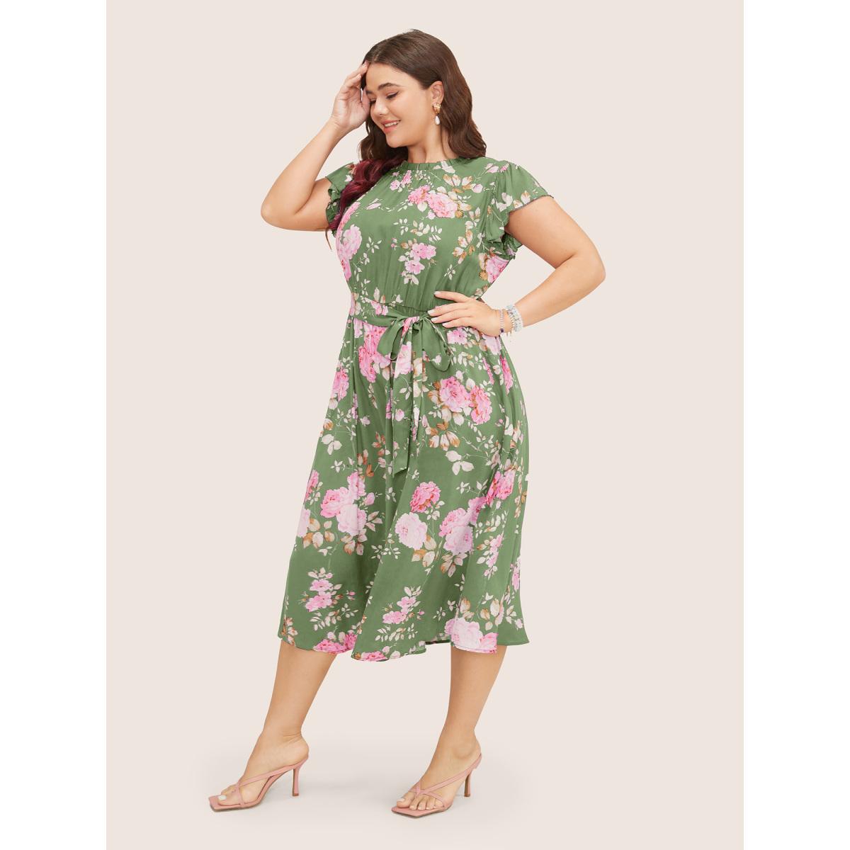 Plus Size Floral Frill Trim Mock Neck Pocket Ruffle Belted Cap Sleeve Dress Palemauve Women Romantic Non Round Neck Short sleeve Curvy Midi Dress BloomChic 26/4X Product Image