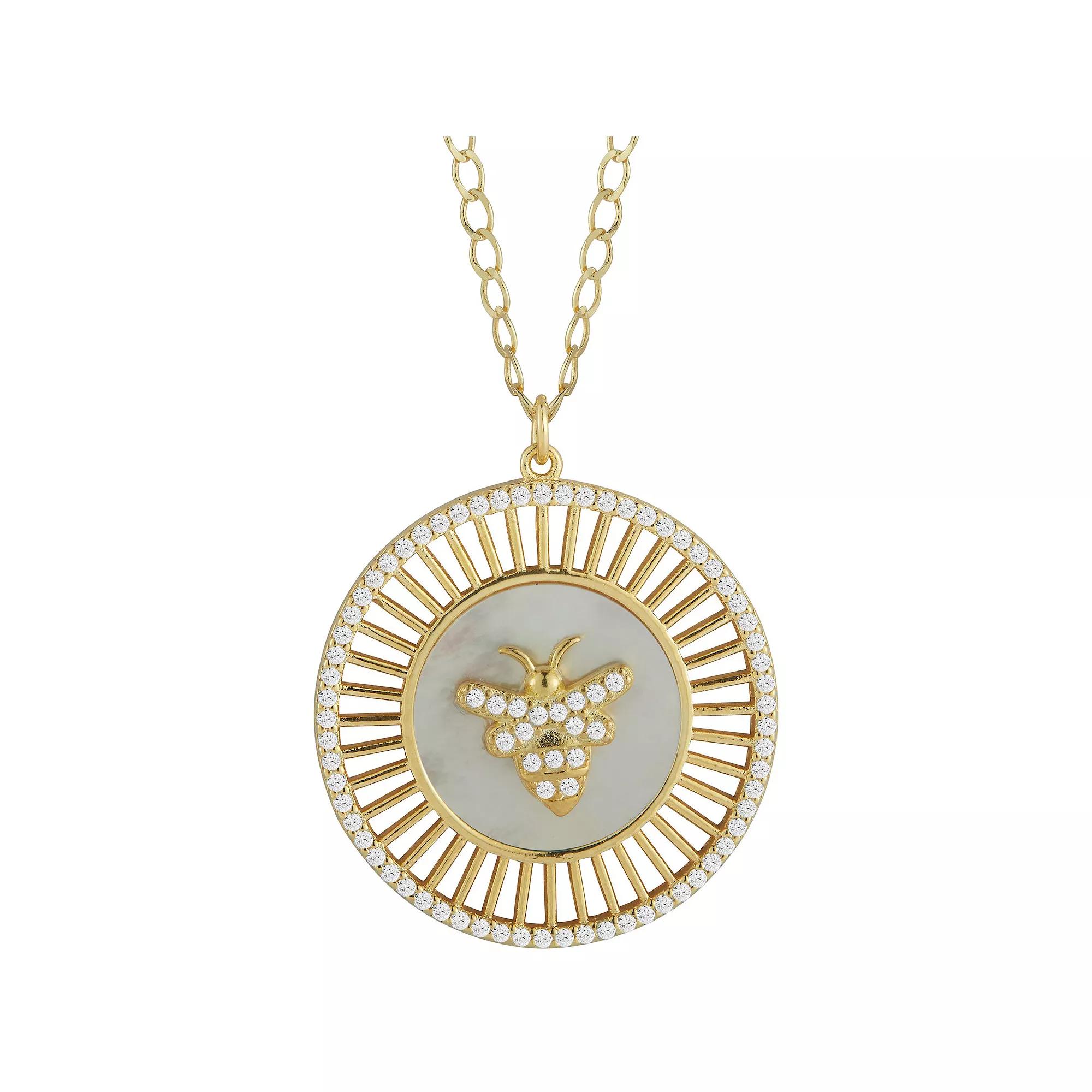 Sunkissed Sterling Cubic Zirconia Bee Medallion Necklace, Women's, Size: 18", Gold Tone Green Product Image