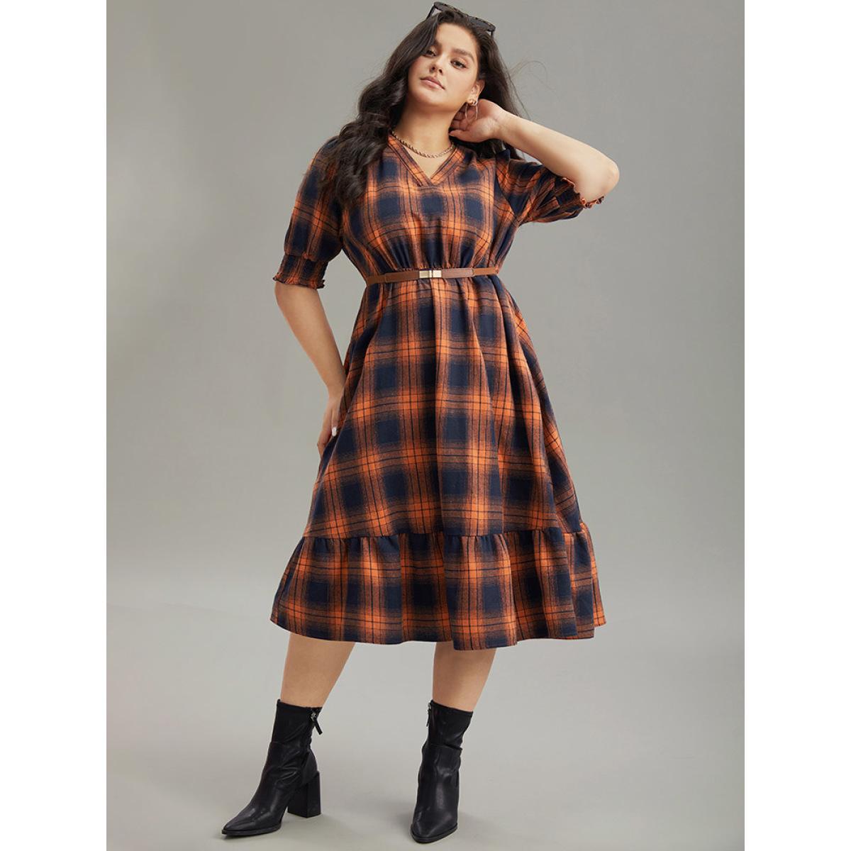 Plus Size Plaid Shirred Ruffles Pocket Dress Orange Women Elegant Printed V-neck Short sleeve Curvy Midi Dress BloomChic 30/6X Product Image
