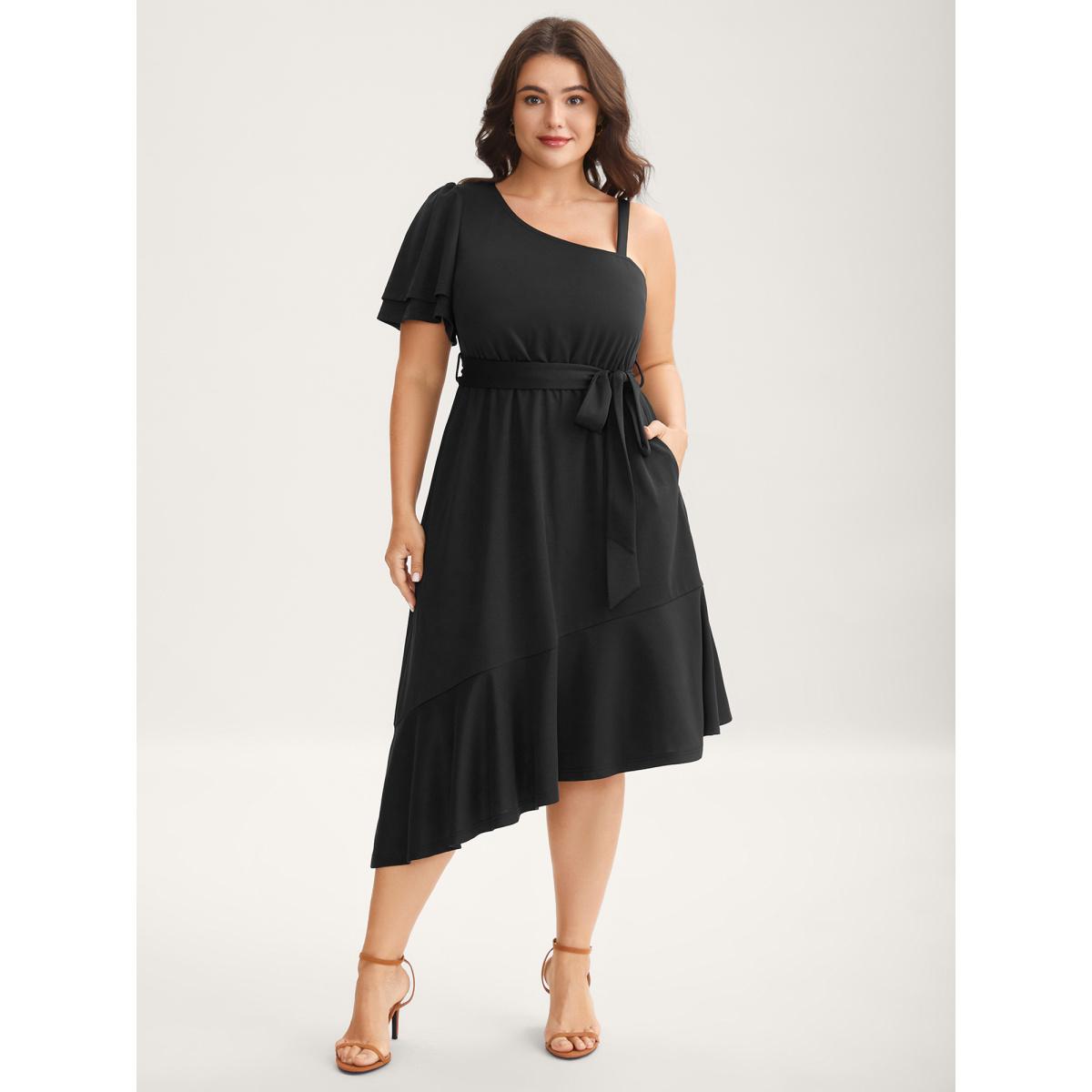 Plus Size One-Shoulder Ruffled Belted Midi Dress Black Women Asymmetrical Neck Short sleeve Curvy BloomChic 30/6X Product Image